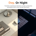 RYSE SmartButton device on a desk with text 'Day. Or Night' and split-screen showing bright and dark environments.